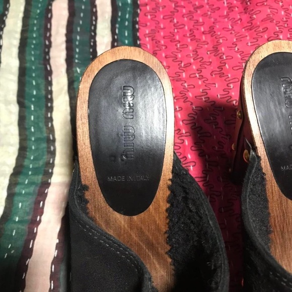 Miu Miu Suede Wood Gold Clogs, Size 38 (7.5-8 US), Approx 4 inch heel - Picture 4 of 4